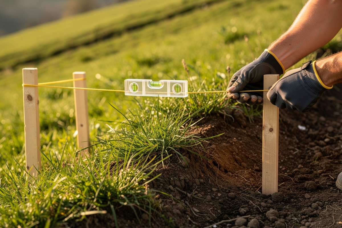 Diagnostic de pente jardin avec piquets et cordeau tendu pour mesurer le pourcentage d'inclinaison d'un terrain