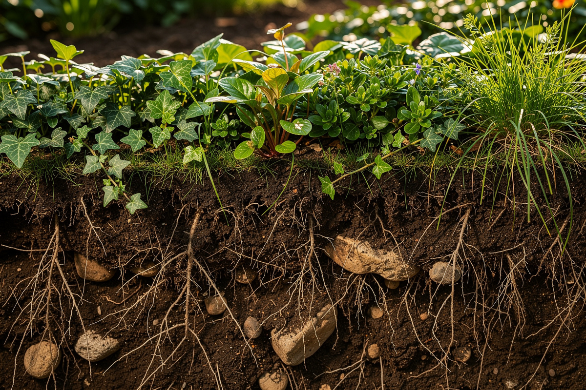 Plantes fixatrices de sol aux racines enchevêtrées retenant la terre d'un jardin en pente contre l'érosion