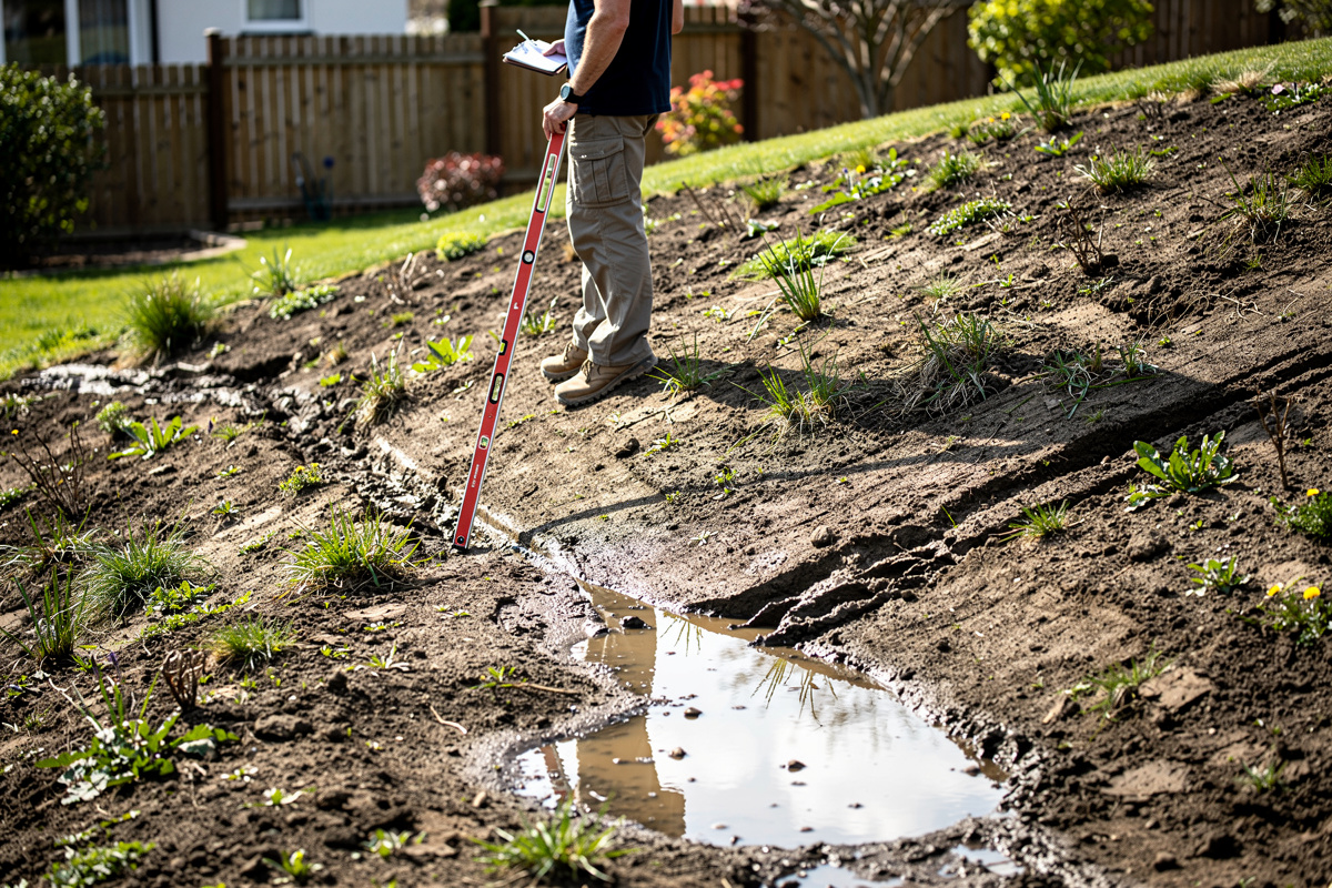 Diagnostic du terrain pour un amenagement paysager avec pente, humidité et repères de niveau.