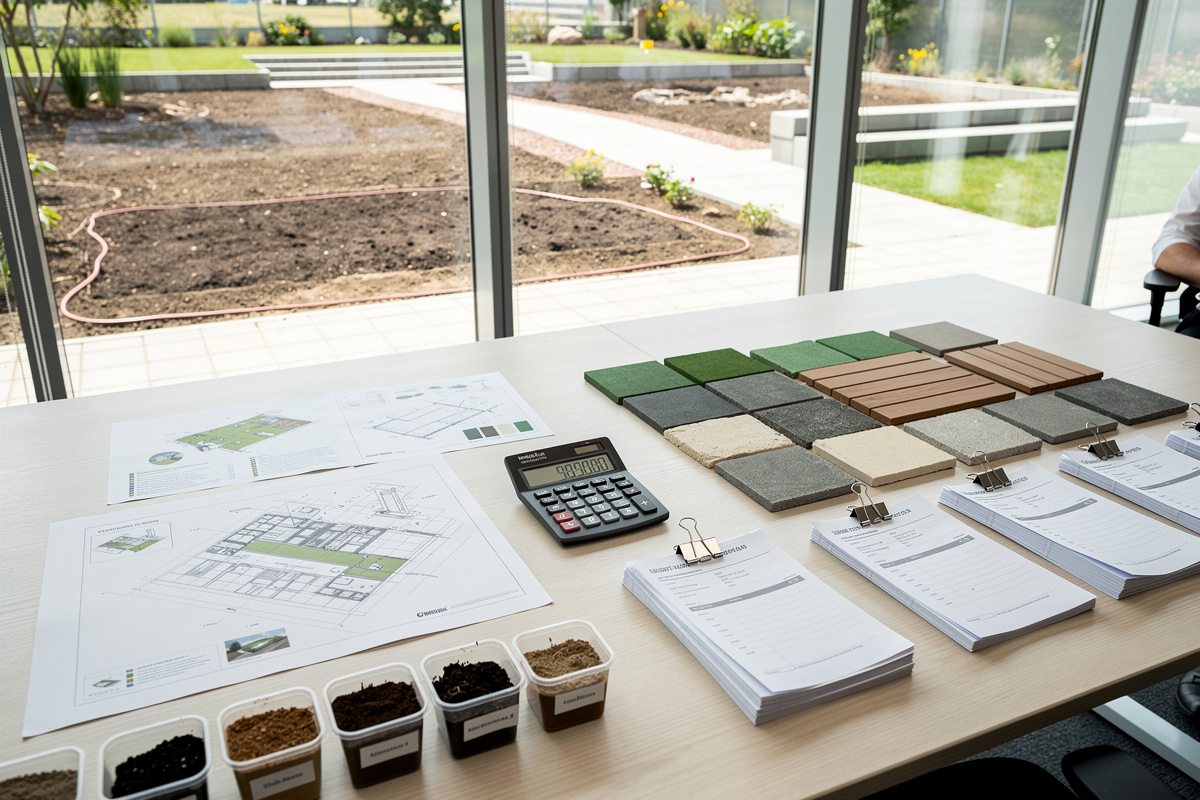 Vérification des contraintes, du budget et des devis pour un amenagement paysager.