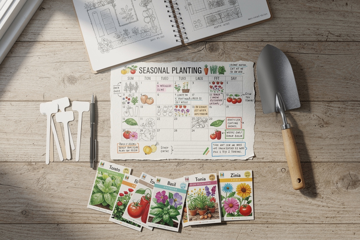 Calendrier de planification des travaux jardin mois par mois avec outils et fiches de plantation