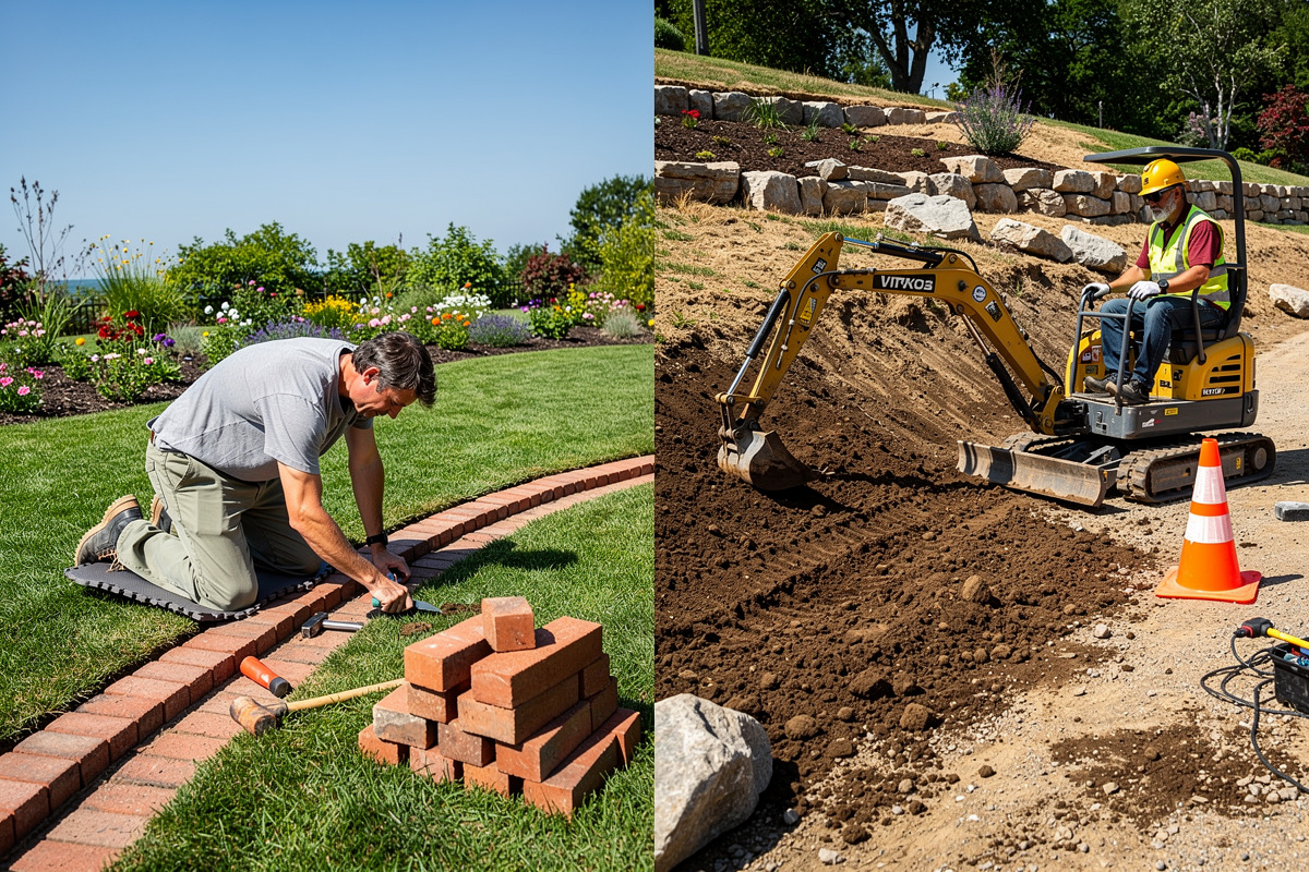 Comparaison entre travaux de jardinage DIY et intervention d'un paysagiste professionnel sur terrain en pente