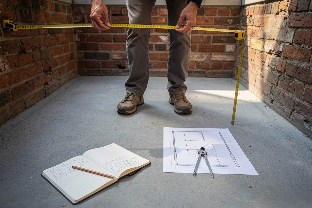 Diagnostic d'un petit espace extérieur avec mètre ruban et plan esquissé au sol avant aménagement