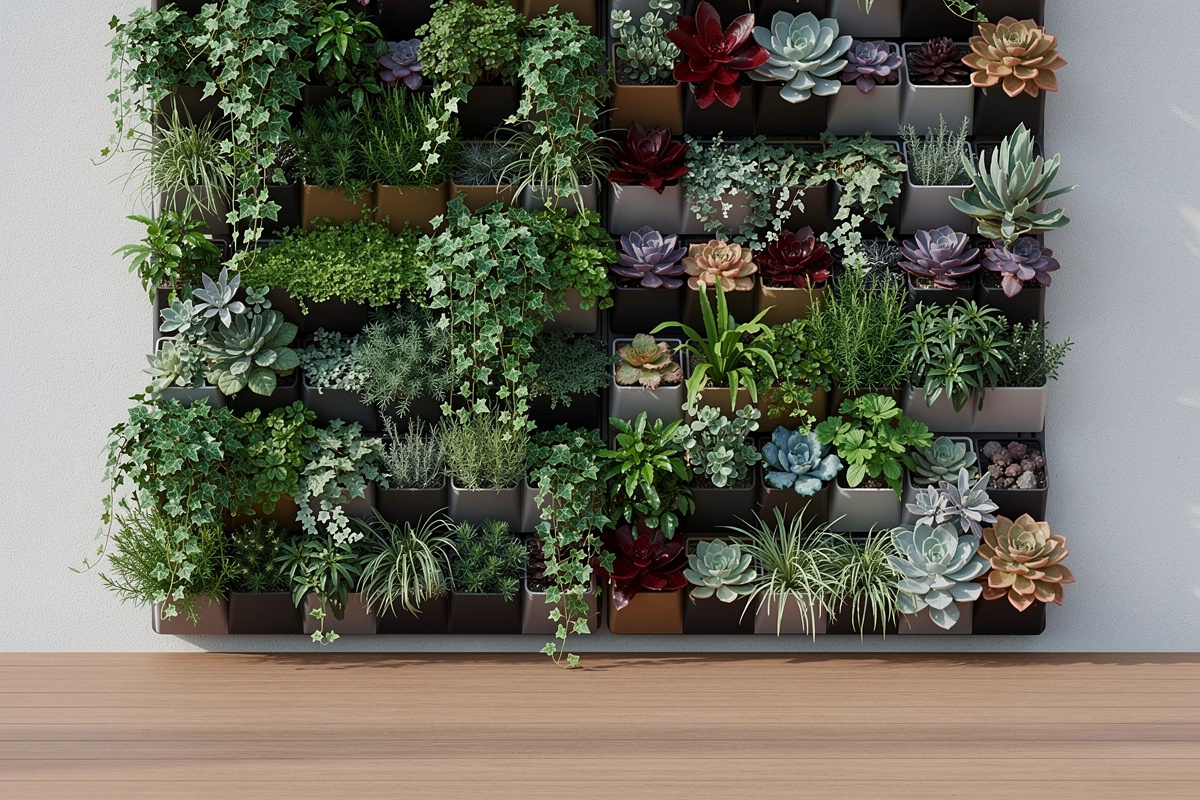 Jardin vertical sur mur extérieur avec plantes en cascade et modules de plantation superposés pour optimiser la verticalité