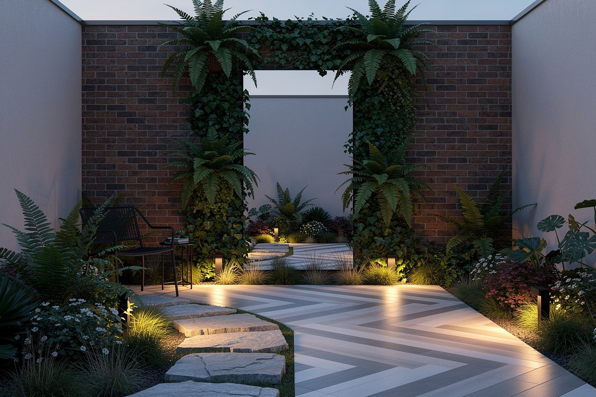 Miroir extérieur encadré de végétation dans un petit jardin créant une illusion d'agrandissement visuel de l'espace