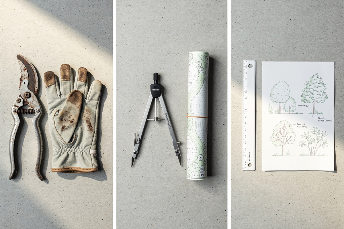 Outils symbolisant les trois métiers du paysage : jardinage, conception et architecture paysagiste