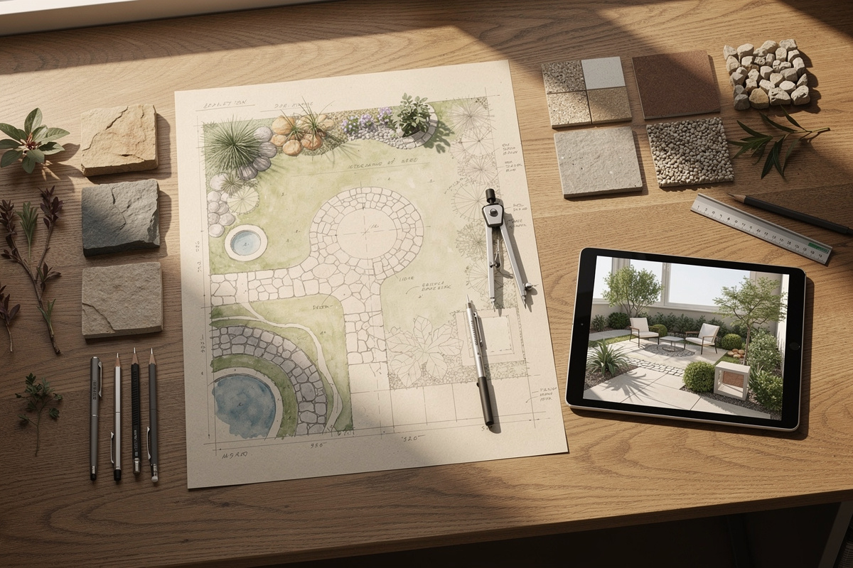 Plans de conception d'un architecte paysagiste avec échantillons de matériaux et rendu 3D d'un jardin particulier
