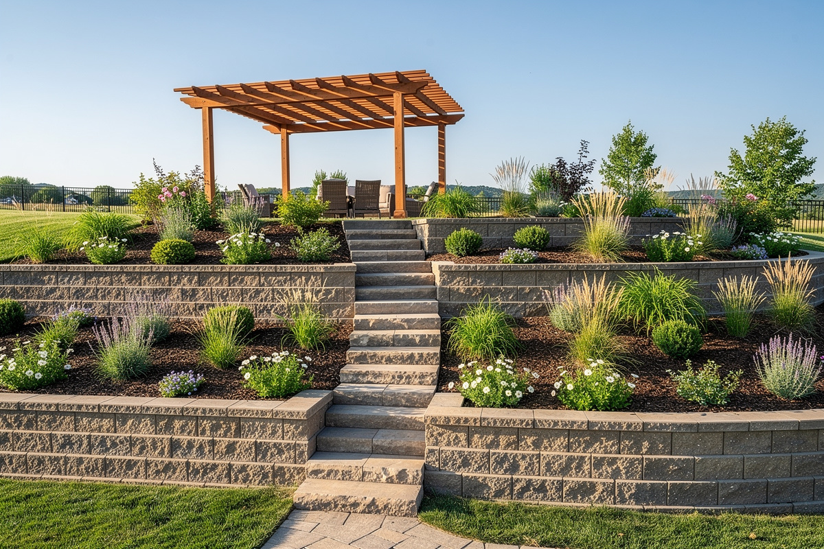 Terrain en pente aménagé en jardin en terrasses avec murs de soutènement, exemple de projet complexe pour un architecte paysagiste