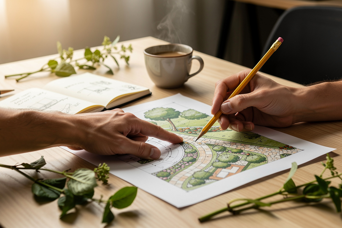 Consultation avec un architecte paysagiste : échange autour des plans d'aménagement extérieur et des questions pratiques