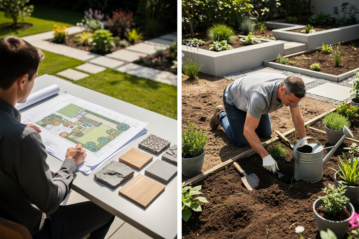 Architecte paysagiste comparé à un jardinier paysagiste autour d’un plan de jardin