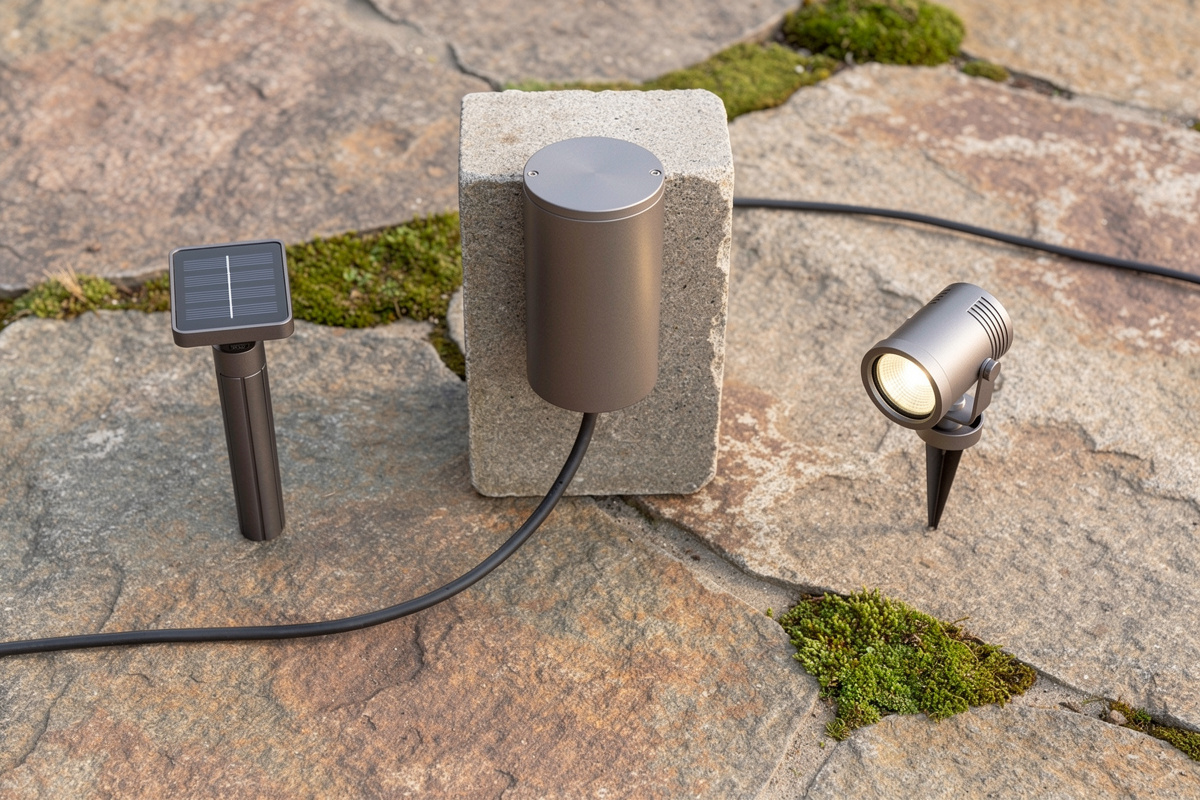 Comparaison éclairage solaire jardin, filaire 230V et basse tension 12V posés sur dalle en pierre