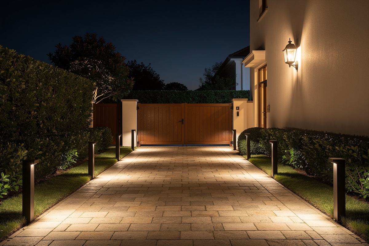 Allée de jardin sécurisée avec bornes lumineuses, lanterne de portail et éclairage de façade en soirée