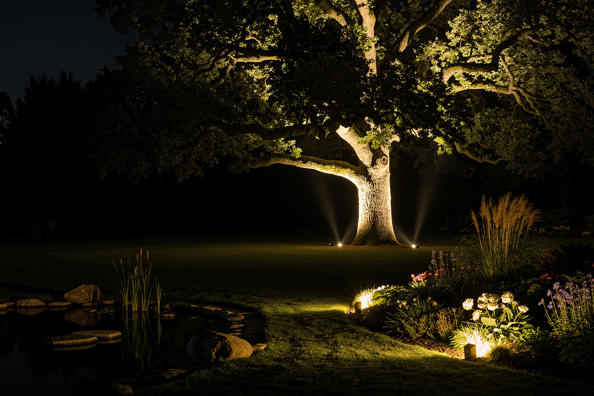 Mise en scène nocturne avec uplighting sur grand arbre, reflets sur point d'eau et éclairage doux de massifs