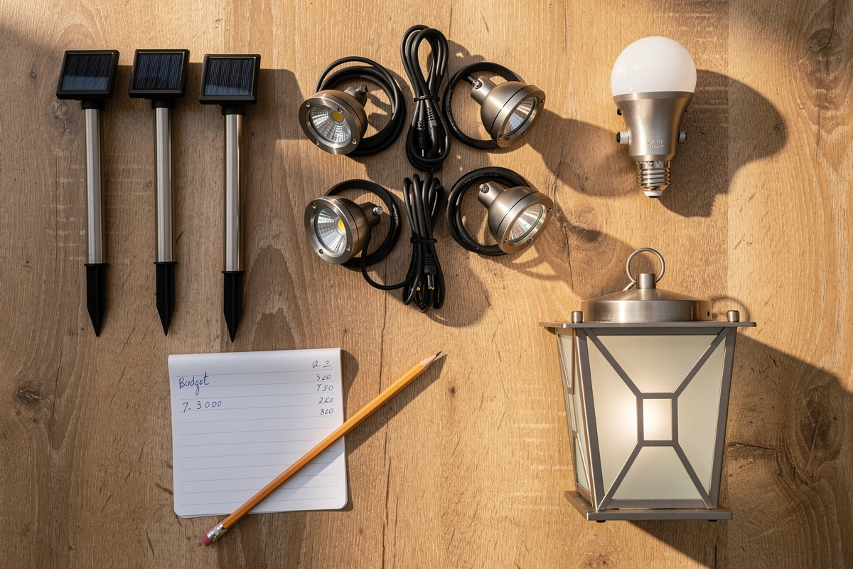 Gamme de produits d'éclairage extérieur jardin à différents budgets posés sur table en bois clair