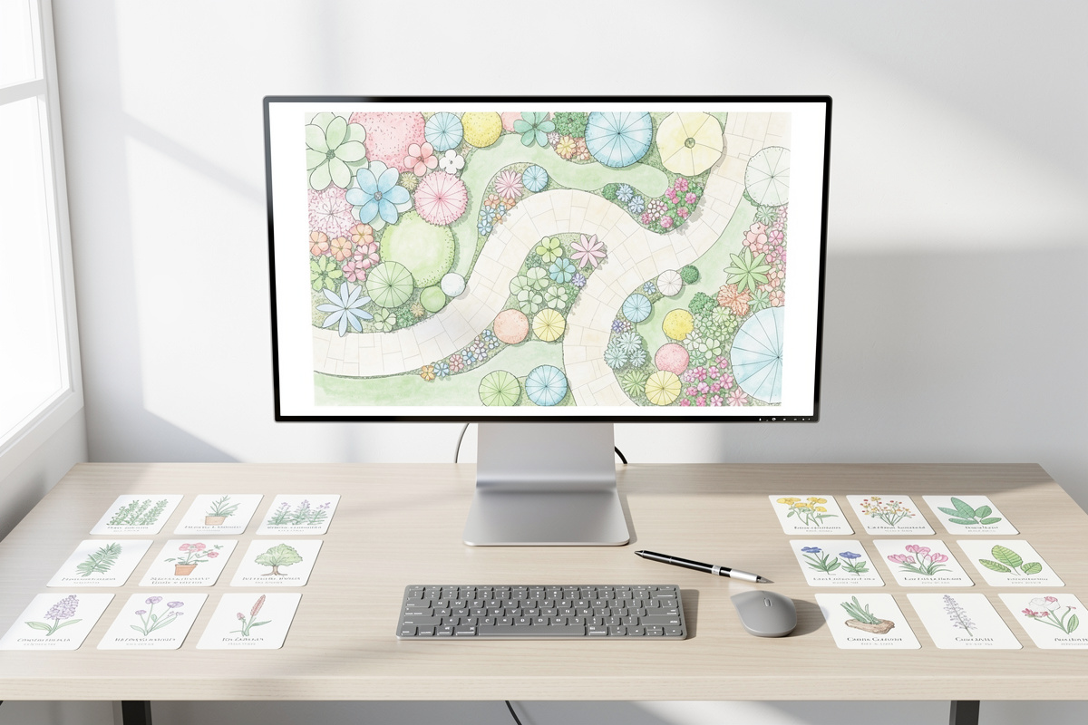 Esquisse de jardin numérique générée par IA affichée sur écran, illustrant le principe de conception paysagère assistée