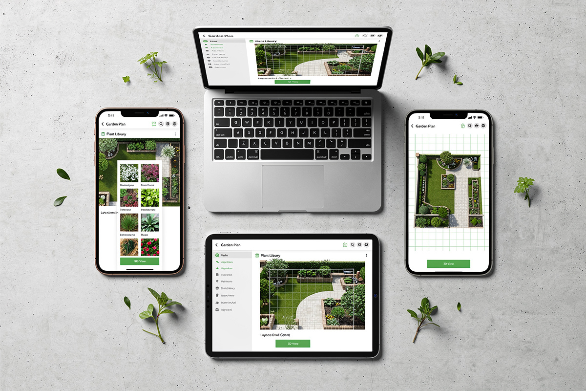 Comparatif de cinq outils IA pour créer un plan de jardin en 2026, affichés sur différents supports numériques