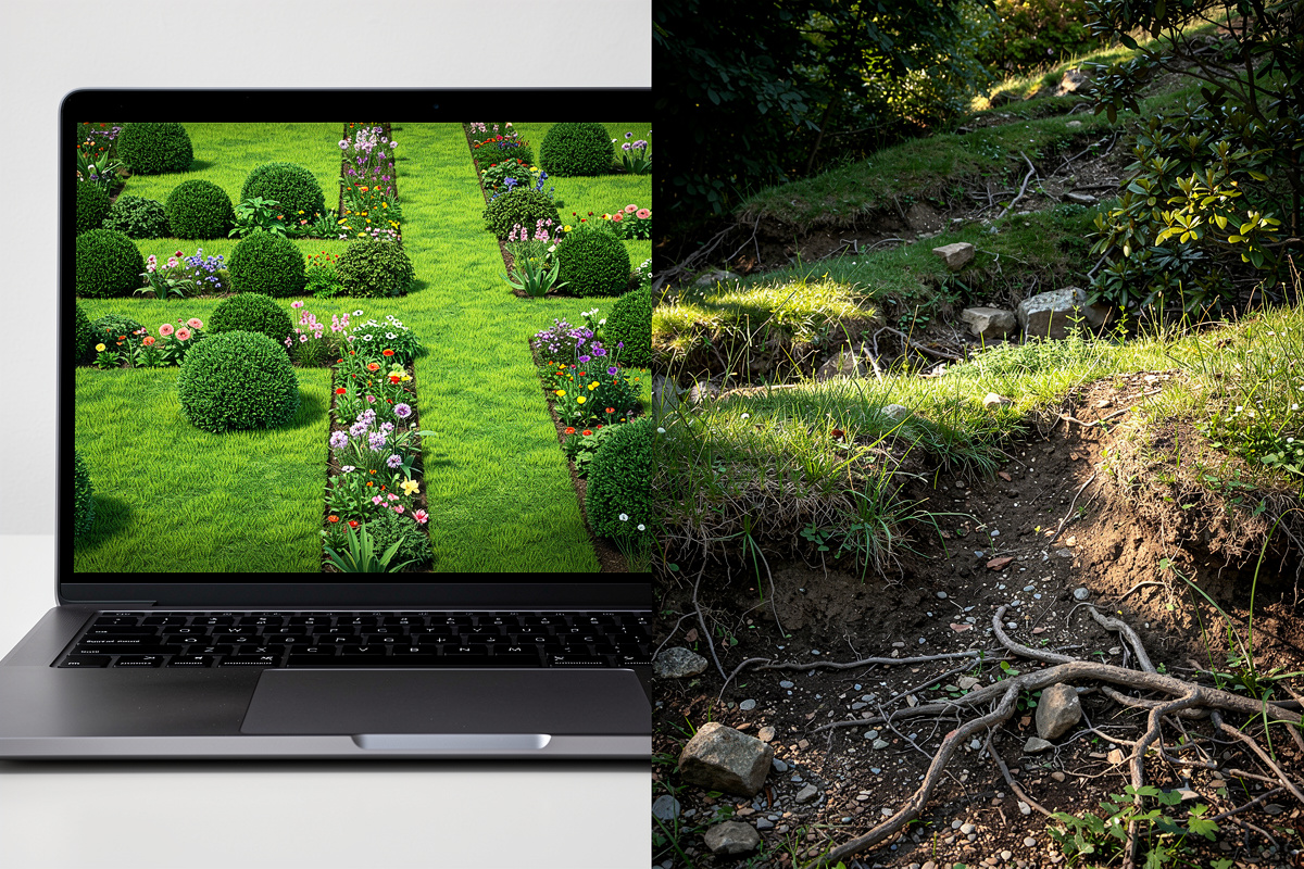 Limites de l'IA plan jardin : écart entre le rendu numérique idéalisé et la réalité du terrain avec ses contraintes