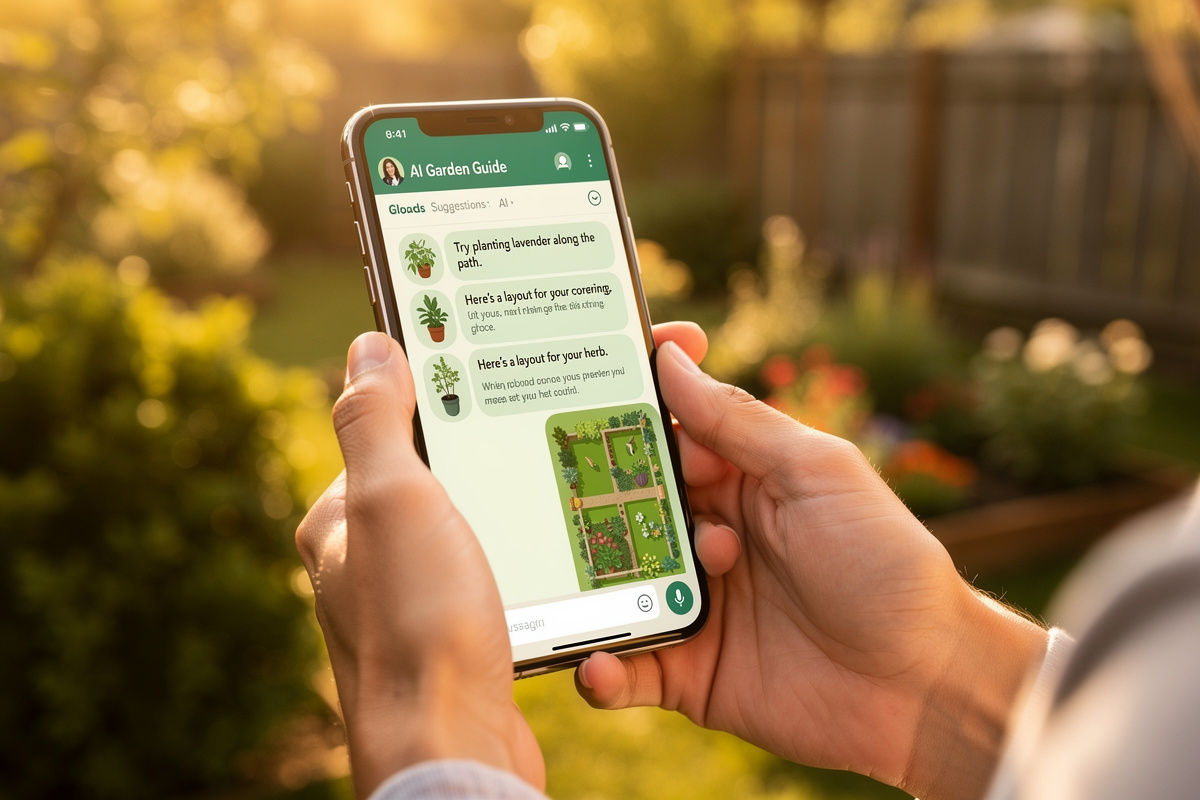 Assistant IA jardinage répondant aux questions fréquentes sur la conception de jardin, consulté sur smartphone en extérieur