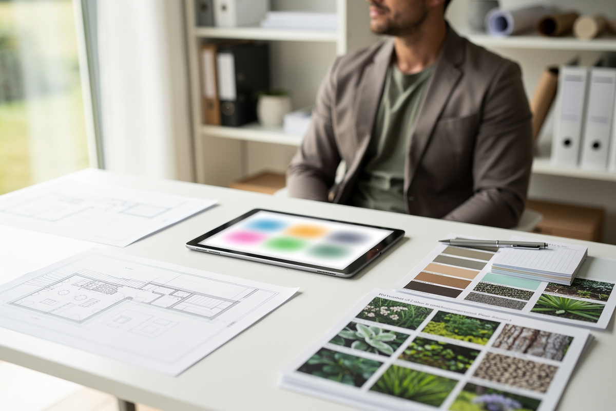 Paysagiste comparant un logiciel amenagement exterieur avec plans, tablette et échantillons
