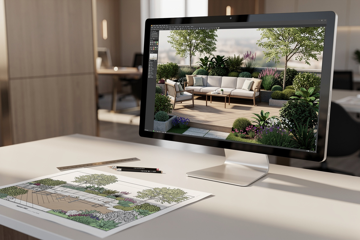 Visualisation 3D d’un logiciel amenagement exterieur pour présenter un projet de jardin à un client