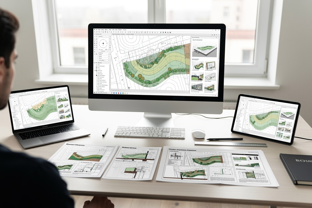 Exports techniques d’un logiciel amenagement exterieur avec plans, livrables et documents de chantier