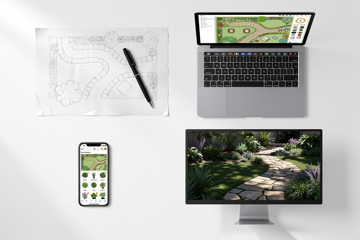 Quatre catégories de logiciels de jardin illustrées par différents supports numériques et types de rendus