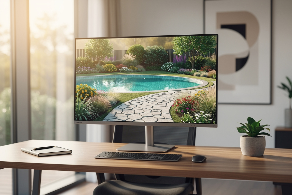 Logiciel aménagement extérieur professionnel affichant un rendu 3D photoréaliste de jardin sur écran desktop