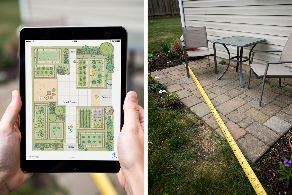 Erreur courante de logiciel jardin illustrée par l'écart entre un plan numérique idéal et la réalité du terrain