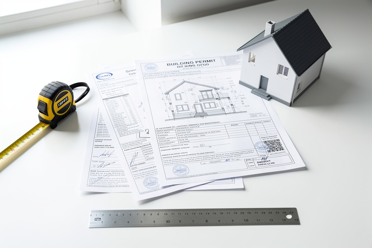 Documents de déclaration préalable de travaux pour une pergola jardin posés sur un bureau clair