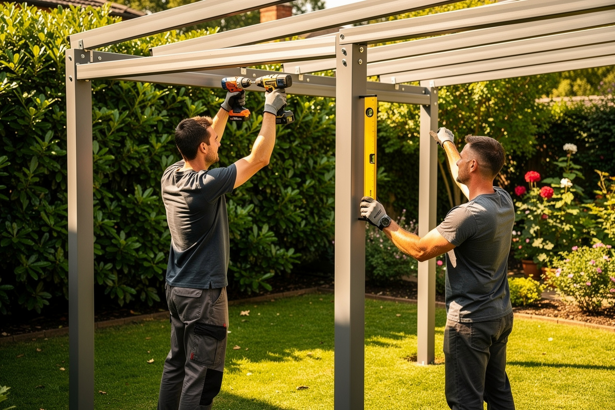Installation DIY d'une pergola jardin en kit aluminium par deux personnes dans un jardin ensoleillé