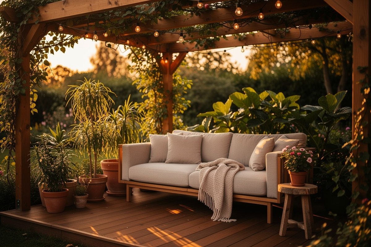 Coin salon sous une pergola jardin décorée de plantes grimpantes et guirlandes lumineuses au crépuscule