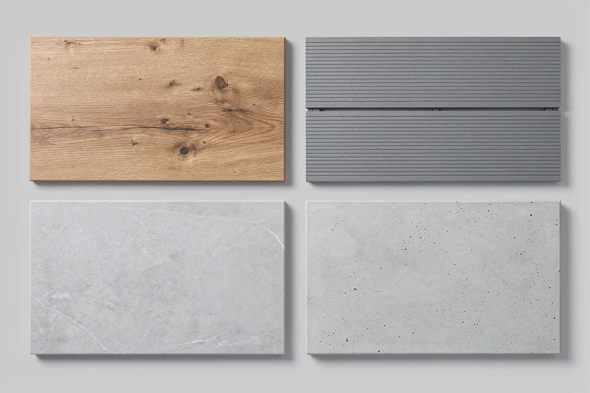 Vue comparative des quatre types de revêtement terrasse extérieur : bois, composite, grès cérame et béton