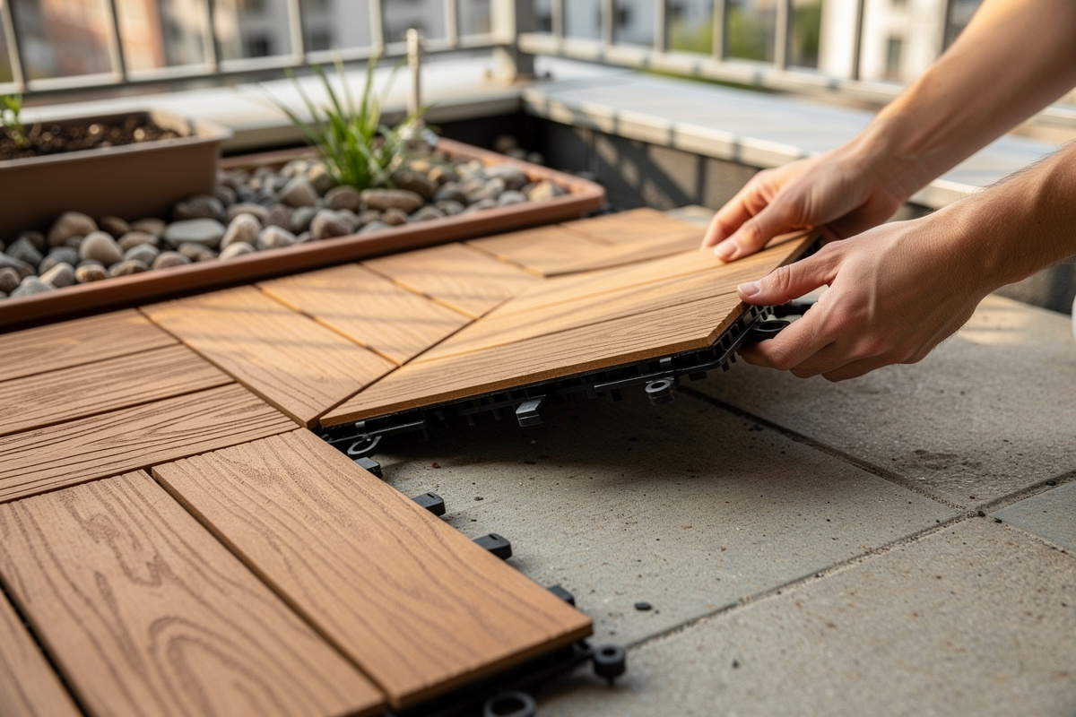 Pose de dalles clipsables sur terrasse extérieure, solution DIY économique et rapide sans outils
