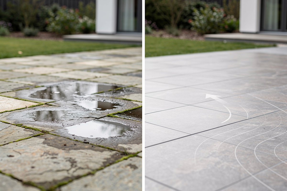 Erreurs de pose de revêtement terrasse extérieur : stagnation d'eau à gauche, pente d'écoulement correcte à droite