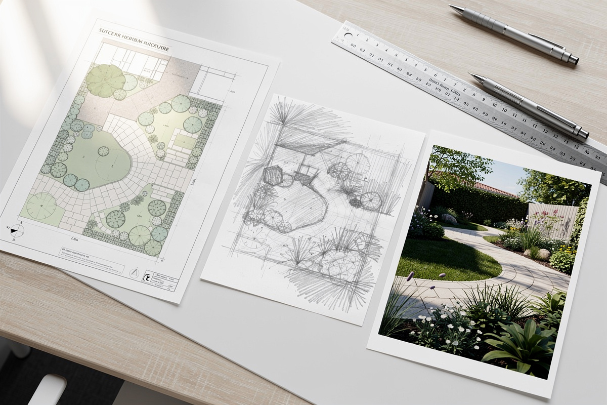Simulation jardin en comparant plan 2D, croquis, photo et rendu 3D