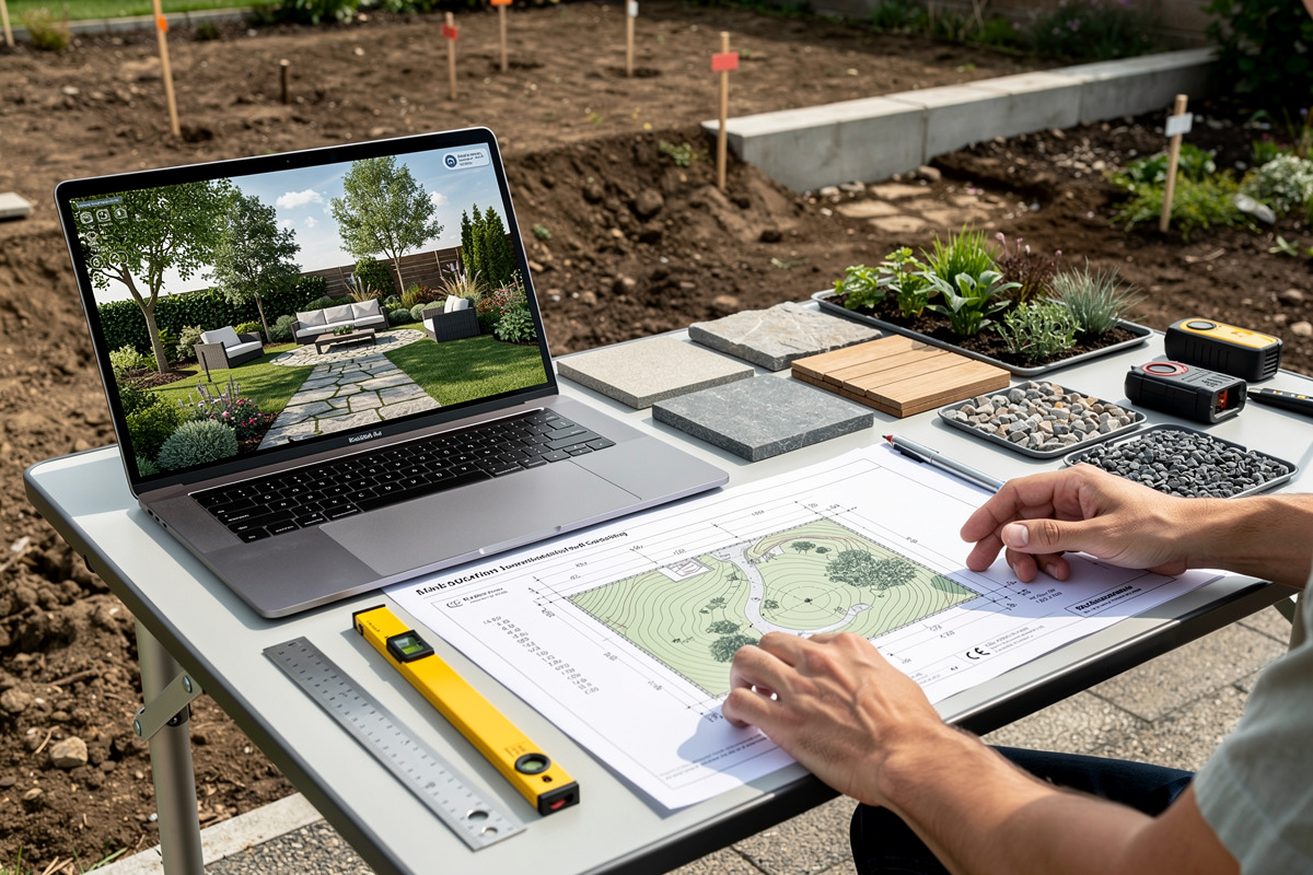 Simulation jardin crédible avec mesures terrain et matériaux réalistes
