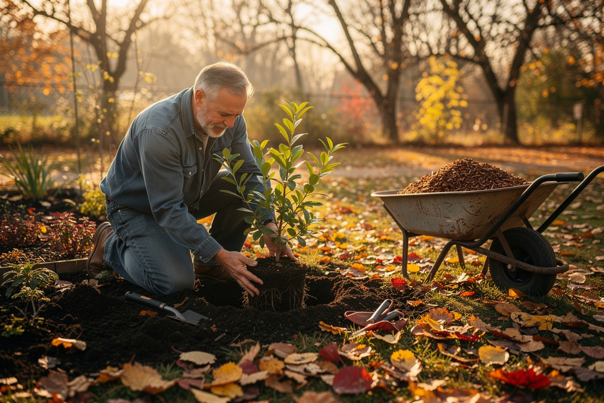 Plantation de végétaux en automne dans un jardin pour favoriser l'enracinement et la biodiversité
