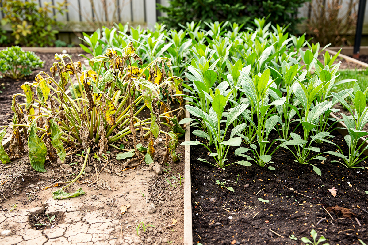 Massif de végétaux paysagers mal choisis présentant jaunissement et dépérissement dus à des erreurs de sélection