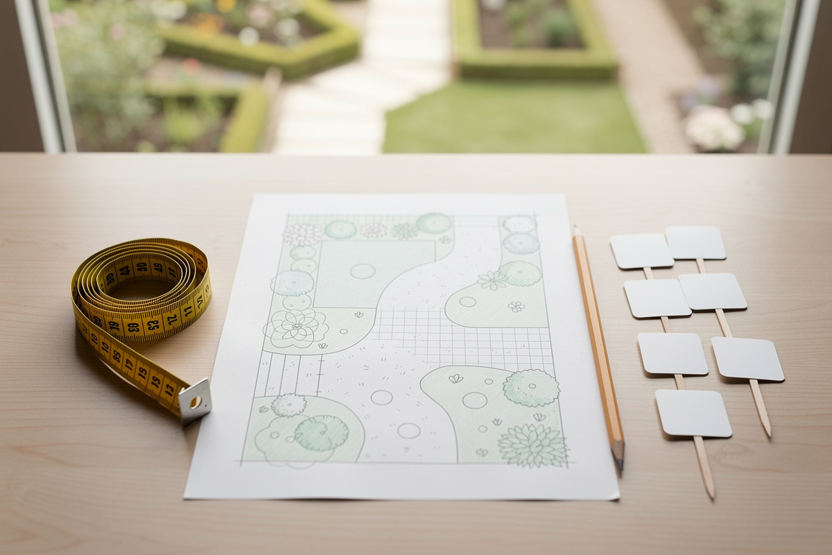 Plan de jardin préparé pour le zonage jardin avec mesure et repérage des zones