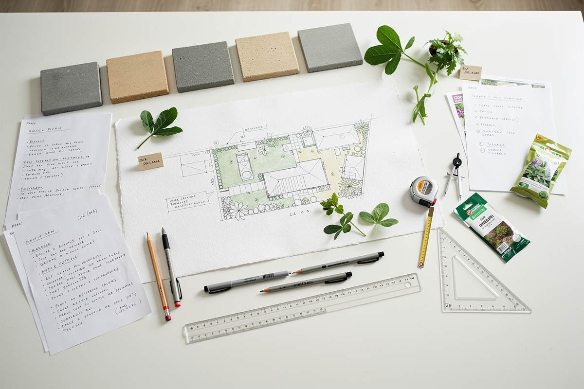 Méthode de plan masse pour le zonage jardin avec croquis, mesures et organisation
