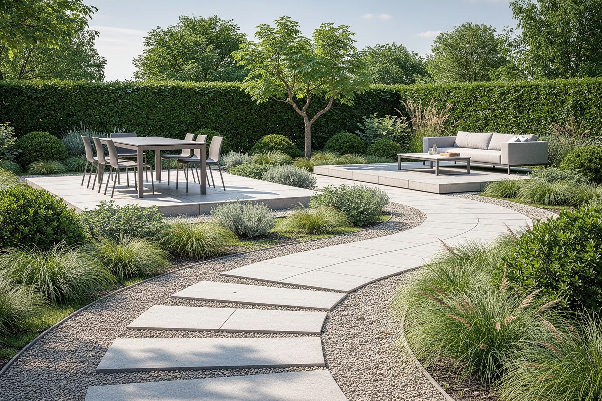 Cheminements fluides dans un zonage jardin avec passages clairs entre les espaces