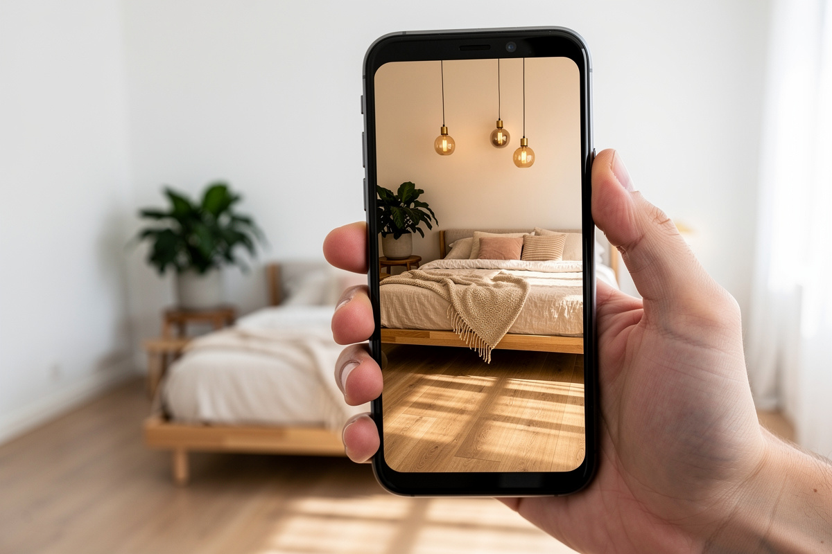 Meilleures applications home staging Android en 2026 : aperçu d'un rendu IA sur smartphone dans un appartement vide