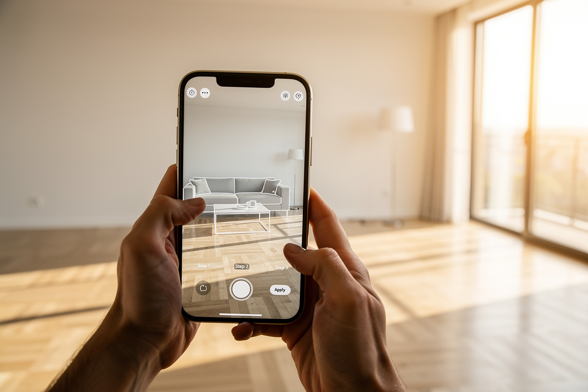 Utilisation d'une application home staging IA en 5 étapes : capture photo d'une pièce vide depuis un smartphone