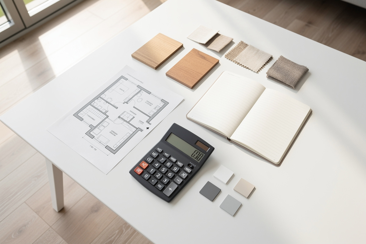 Calcul du budget home staging avec calculatrice, plan et échantillons dans un intérieur lumineux.