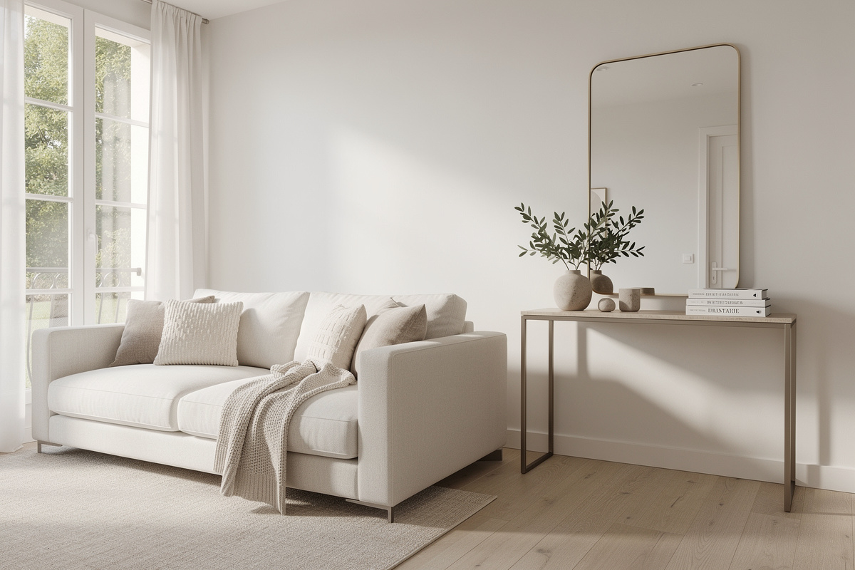 Salon et entrée mis en scène pour montrer les pièces prioritaires du budget home staging.