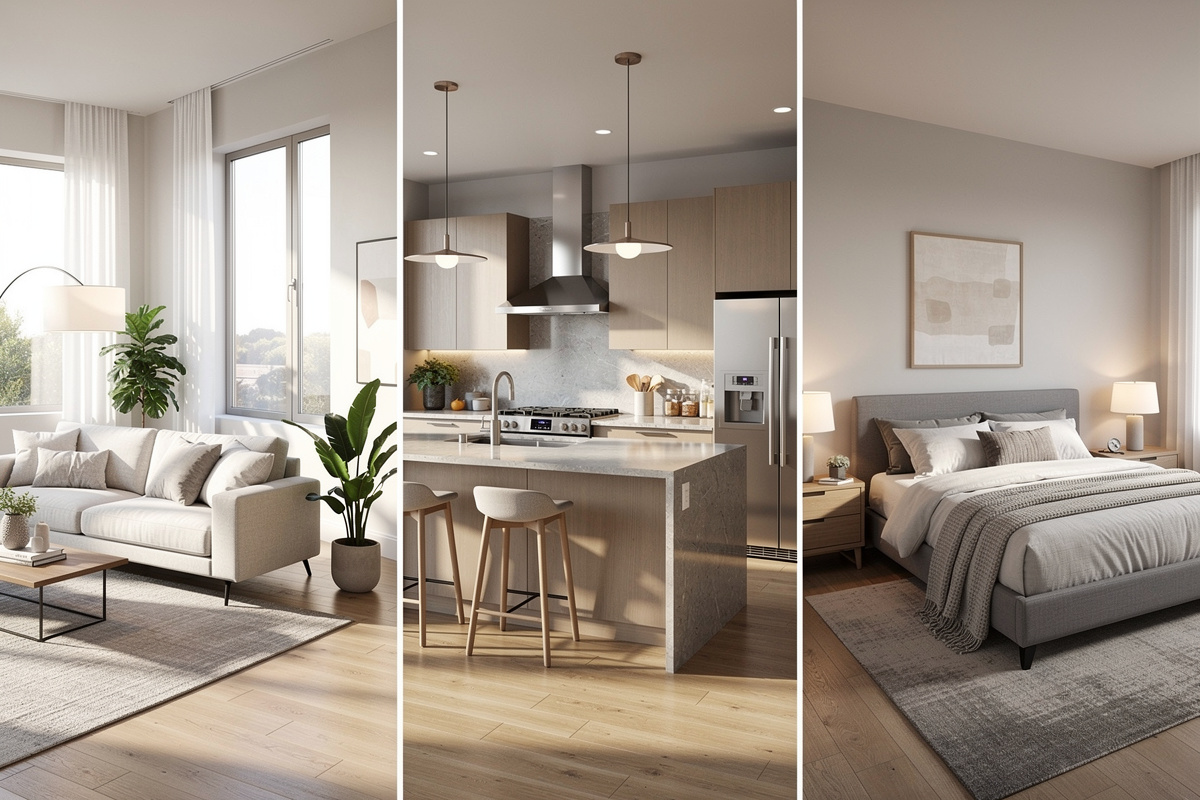 Checklist home staging IA appliquée pièce par pièce dans salon, cuisine et chambre