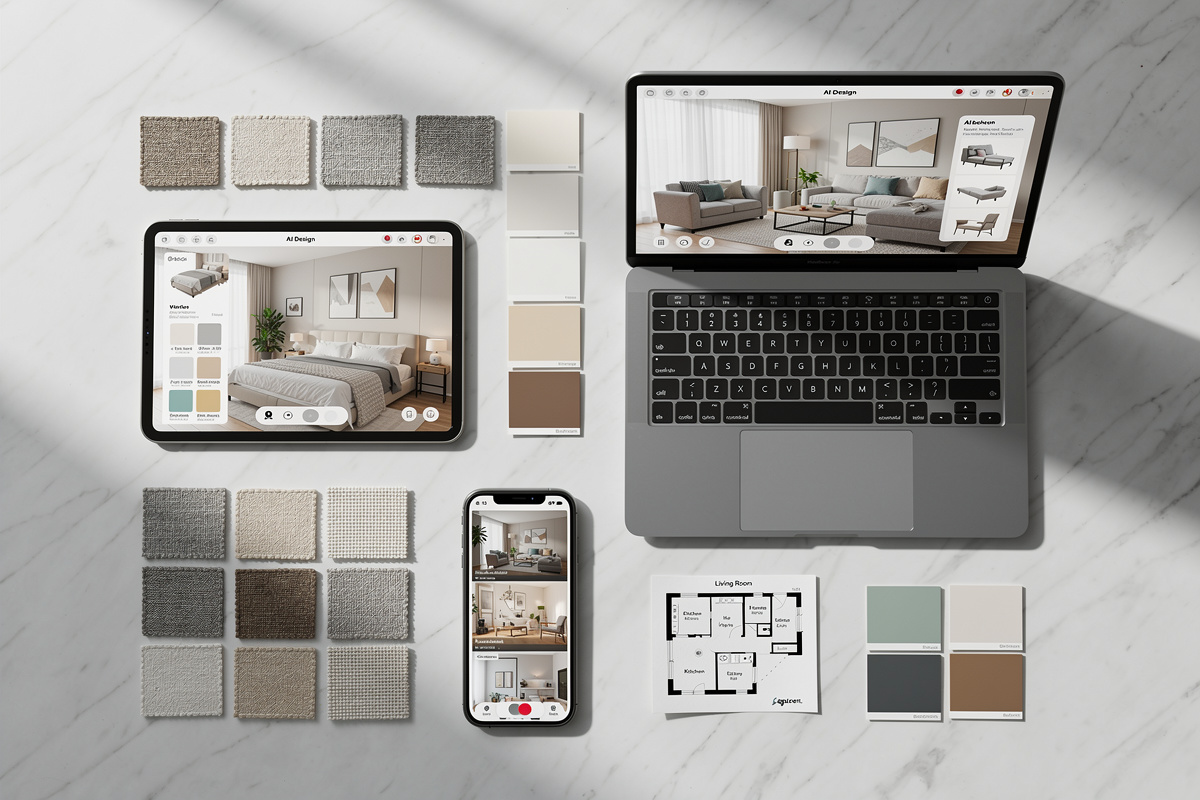 Sélection d'outils IA de décoration intérieure affichés sur plusieurs appareils numériques avec échantillons de matières