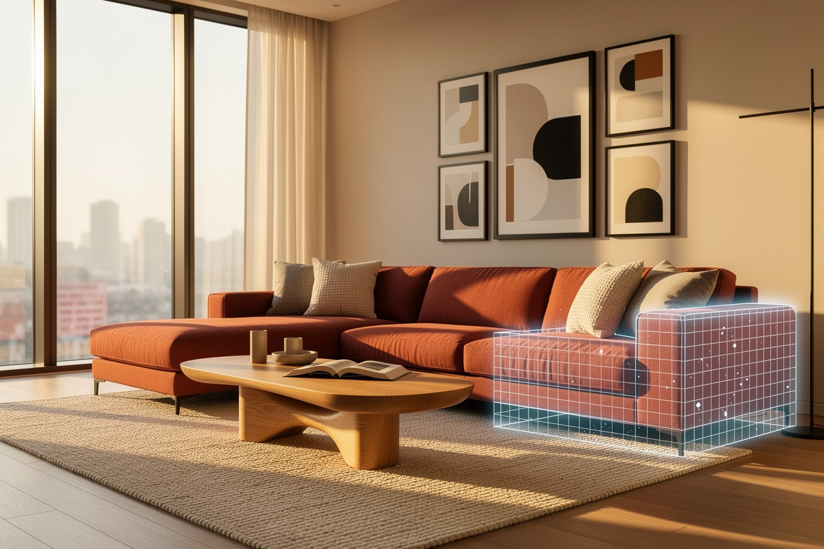 Salon transformé par la décoration IA avec simulation de différentes configurations de meubles et palettes de couleurs