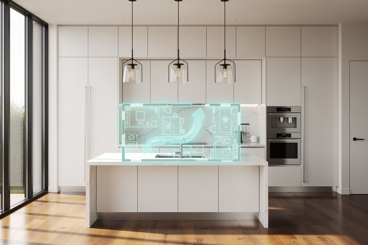 Aménagement cuisine IA simulant la disposition optimale des équipements et la circulation dans un espace fonctionnel