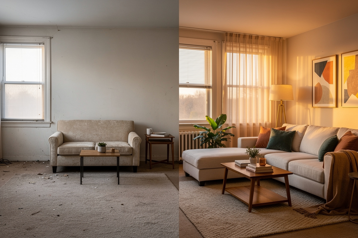 Home staging virtuel IA : comparaison avant-après d'un appartement reconfiguré numériquement pour une annonce immobilière
